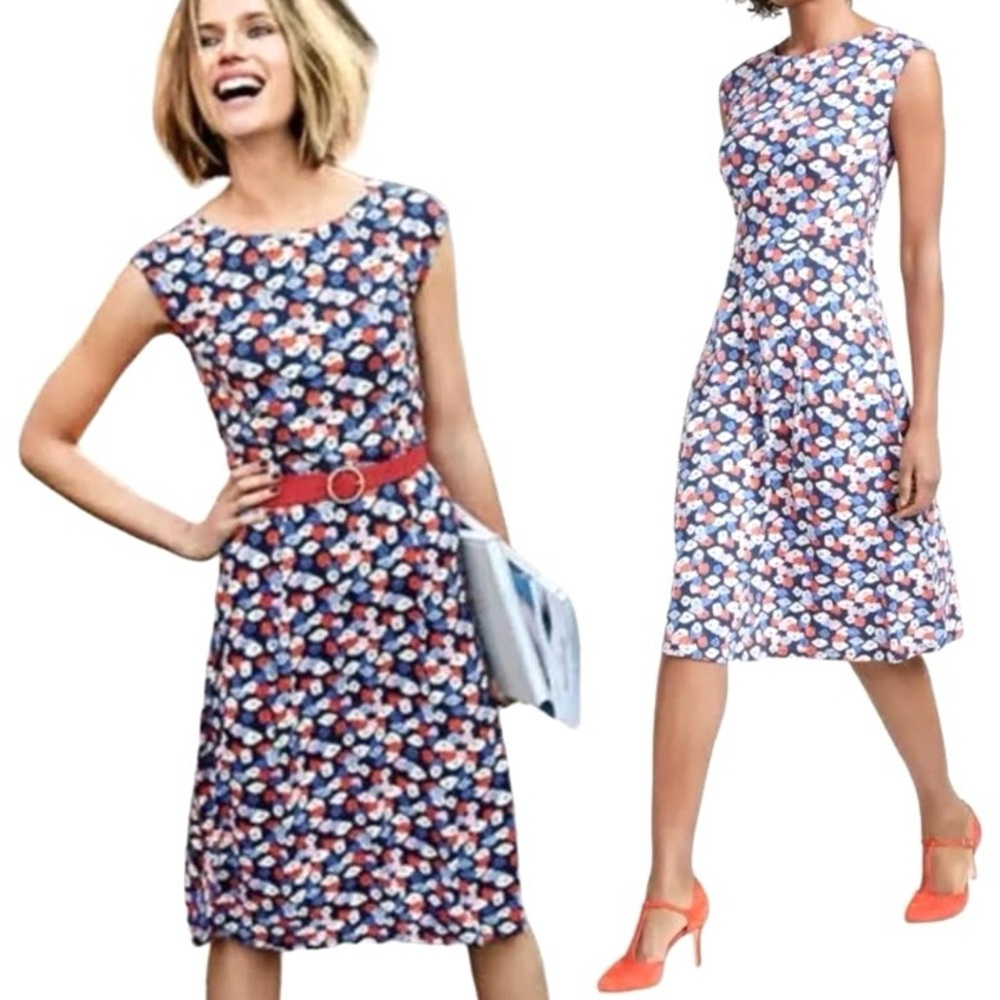 Boden Navy Floral Midi Dress with Coral Accents